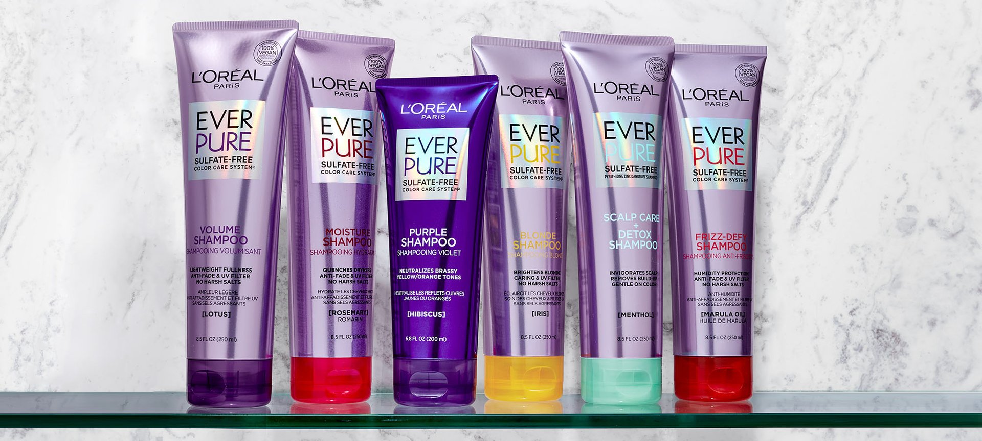 Row of L'Oréal EverPure sulfate-free shampoo bottles in different varieties