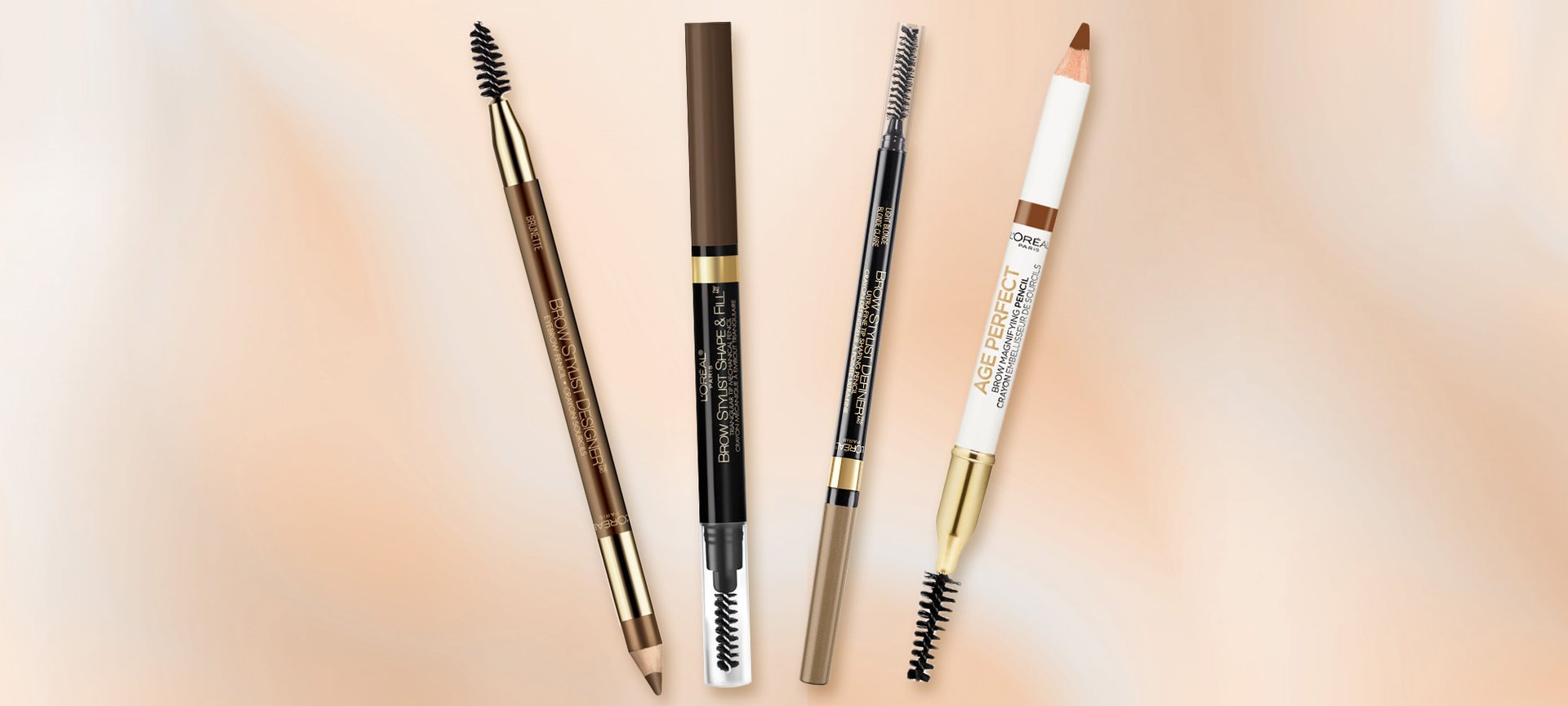Four Loreal Paris Drugstore Eyebrow Pencils On A Beige Background