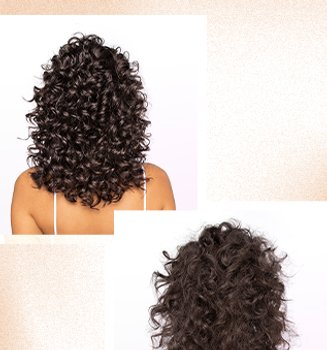 A before and after picture of a woman with dark brown curls