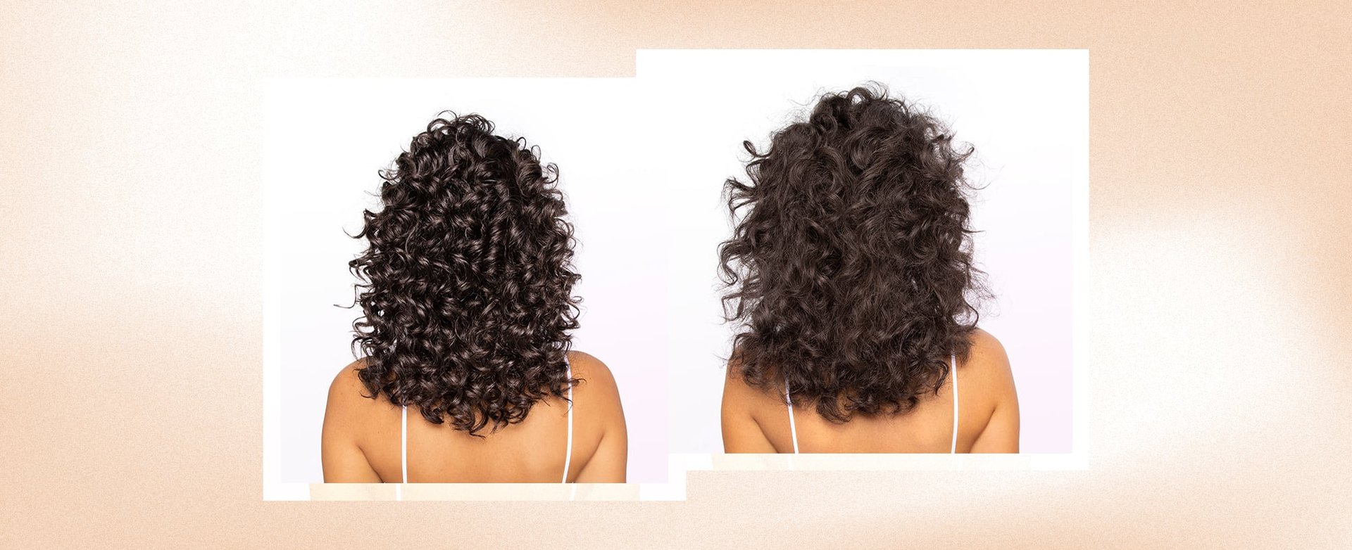 A before and after photo showing a woman with dark brown curly hair