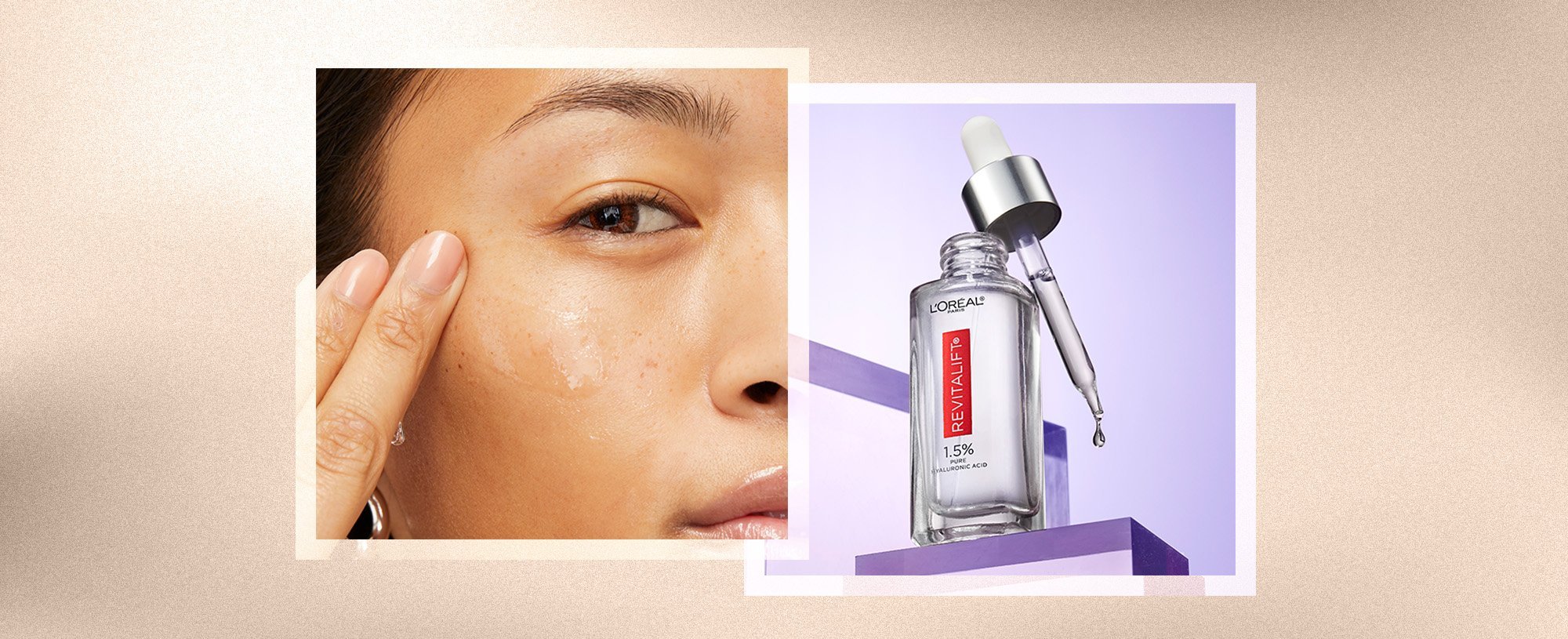 Close-up of a woman applying hyaluronic acid serum to her face to highlight the benefits of hyaluronic acid for skin.